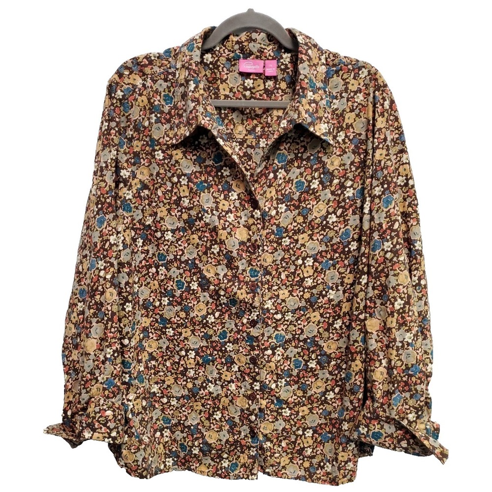 Pappagallo Women's Size 2X Brown Floral Button Up Long Sleeve Shirt